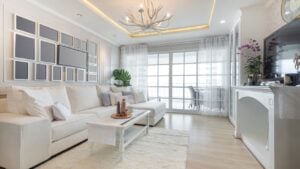 Renovation White Living Room The seaside ambience is decorated with fondness of all white tones.