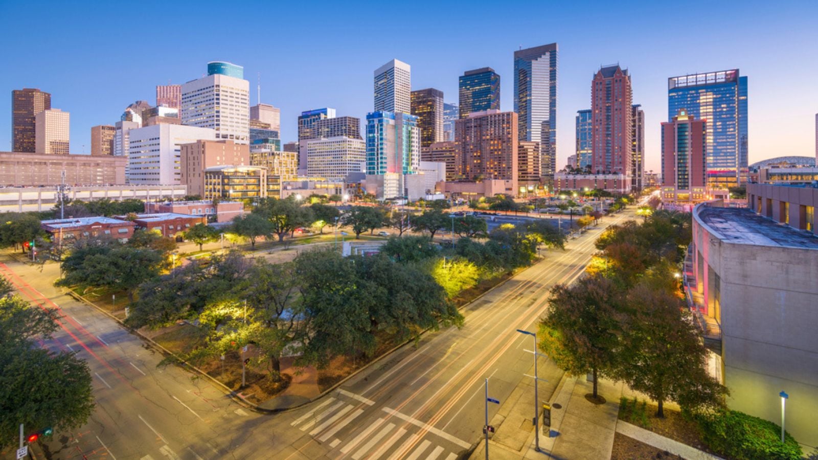Houston, Texas, USA downtown park and skyline at twilight.