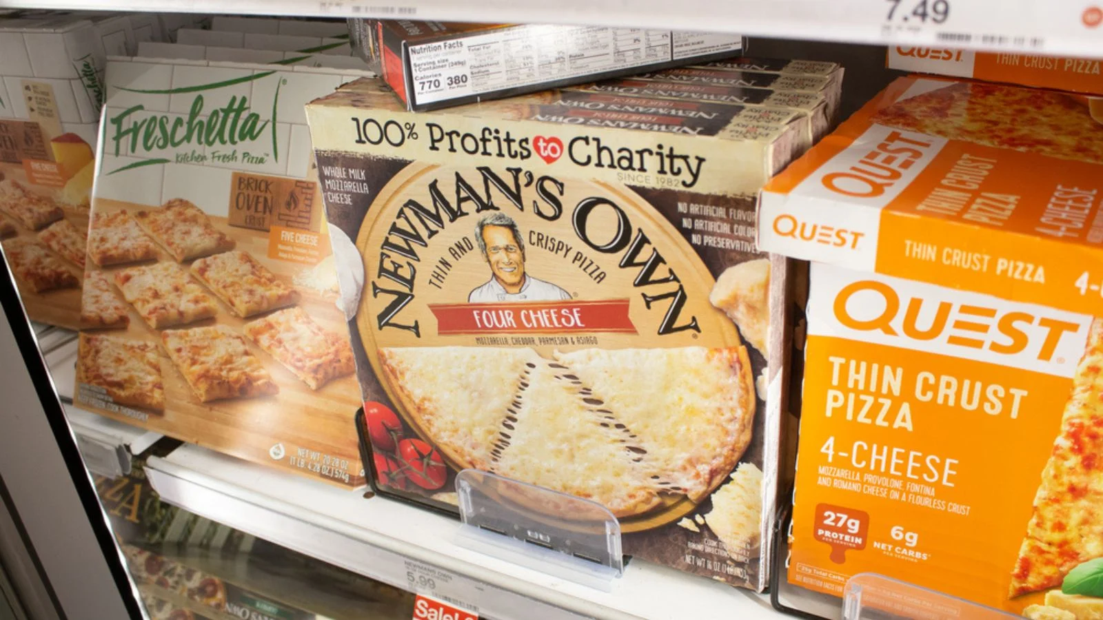 Los Angeles, California, United States A view of several popular brands of frozen pizzas, on display at a local grocery store. Newman's Own Four cheese pizza