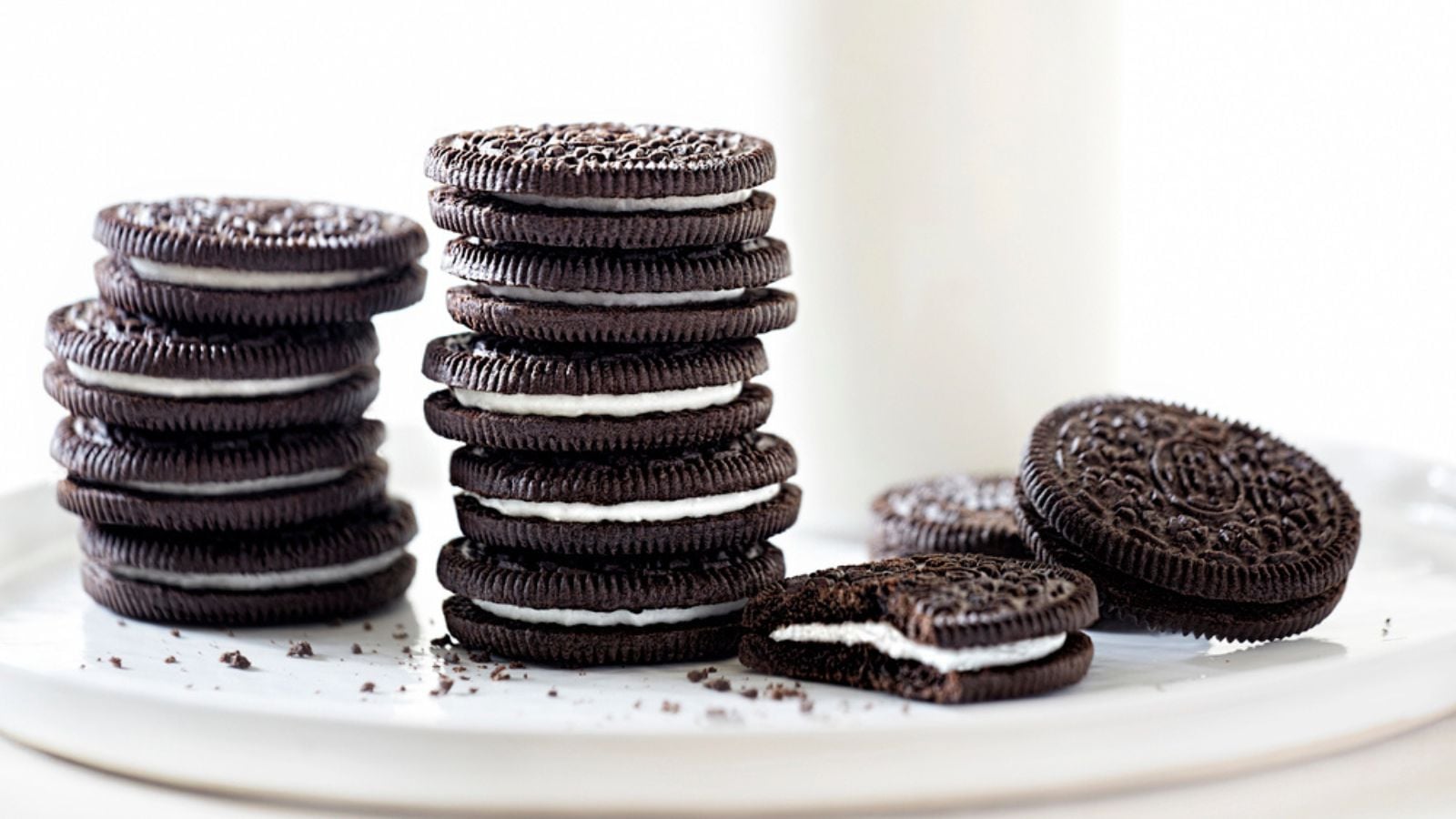 Oreo cookies stacked with milk