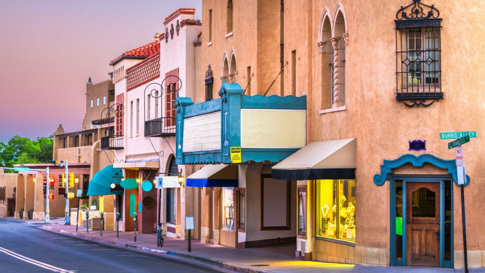 Santa Fe, New Mexico, USA streets at dusk