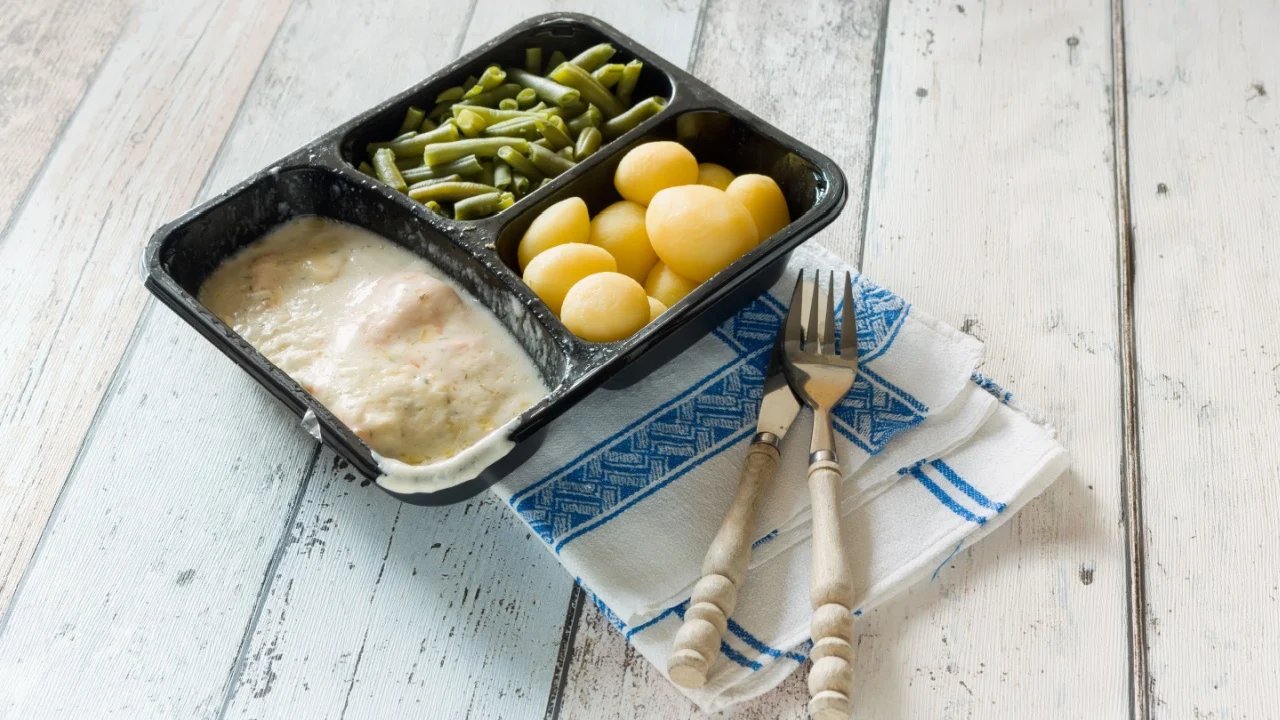 Plastic container with unhealthy and unappealing tv dinner