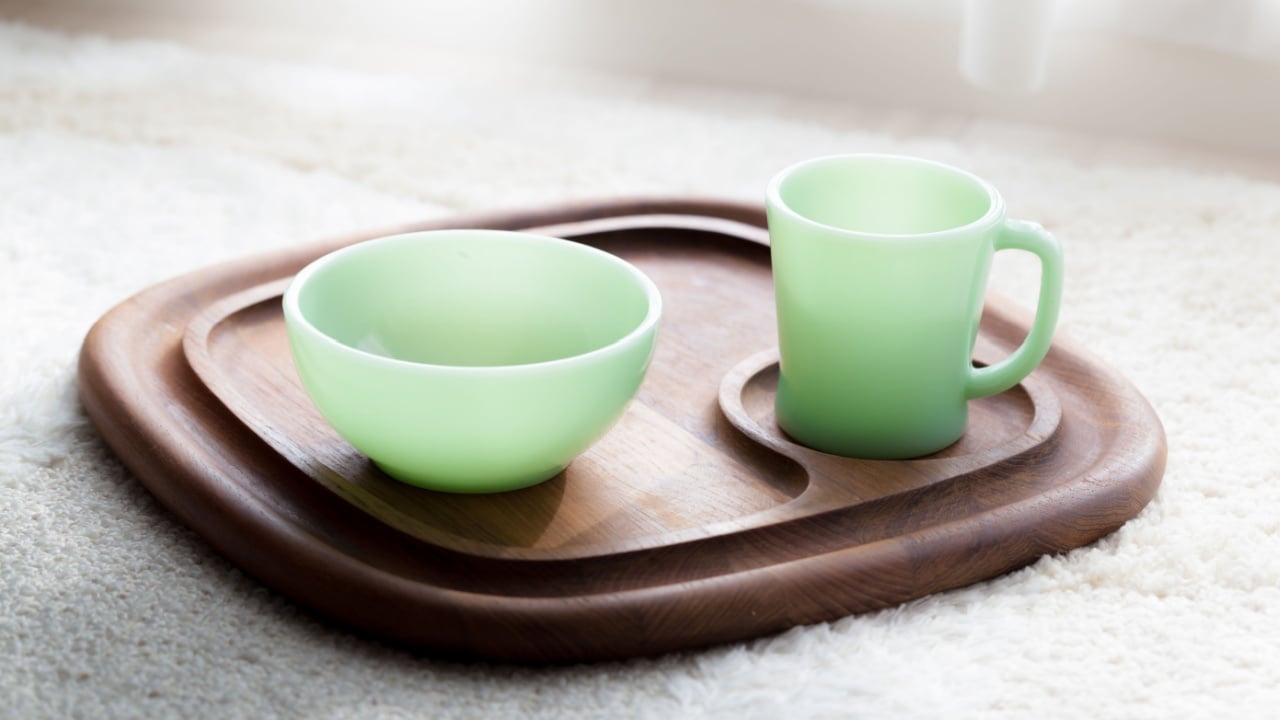 Vintage mug and bowl on wooden tray
