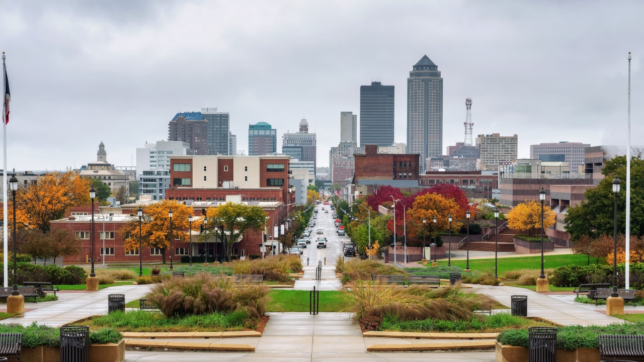 Downtown Des Moines viewed from the Iowa State Capitol after rain.