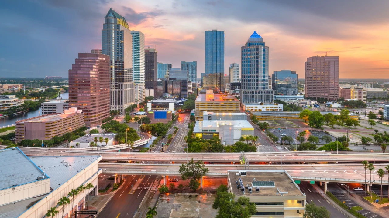 Tampa, Florida, USA aerial downtown skyline at dusk.