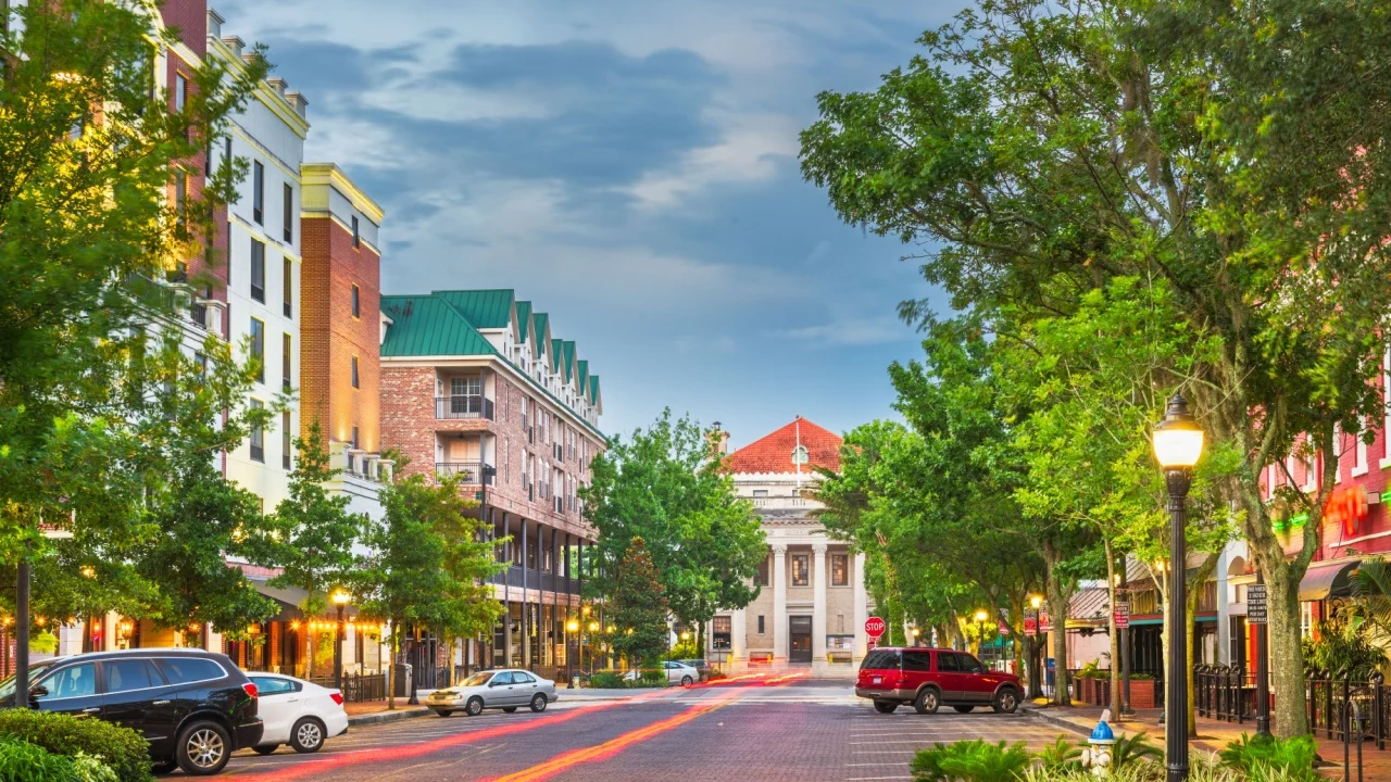 Gainesville, Florida, USA downtown cityscape at twilight. 