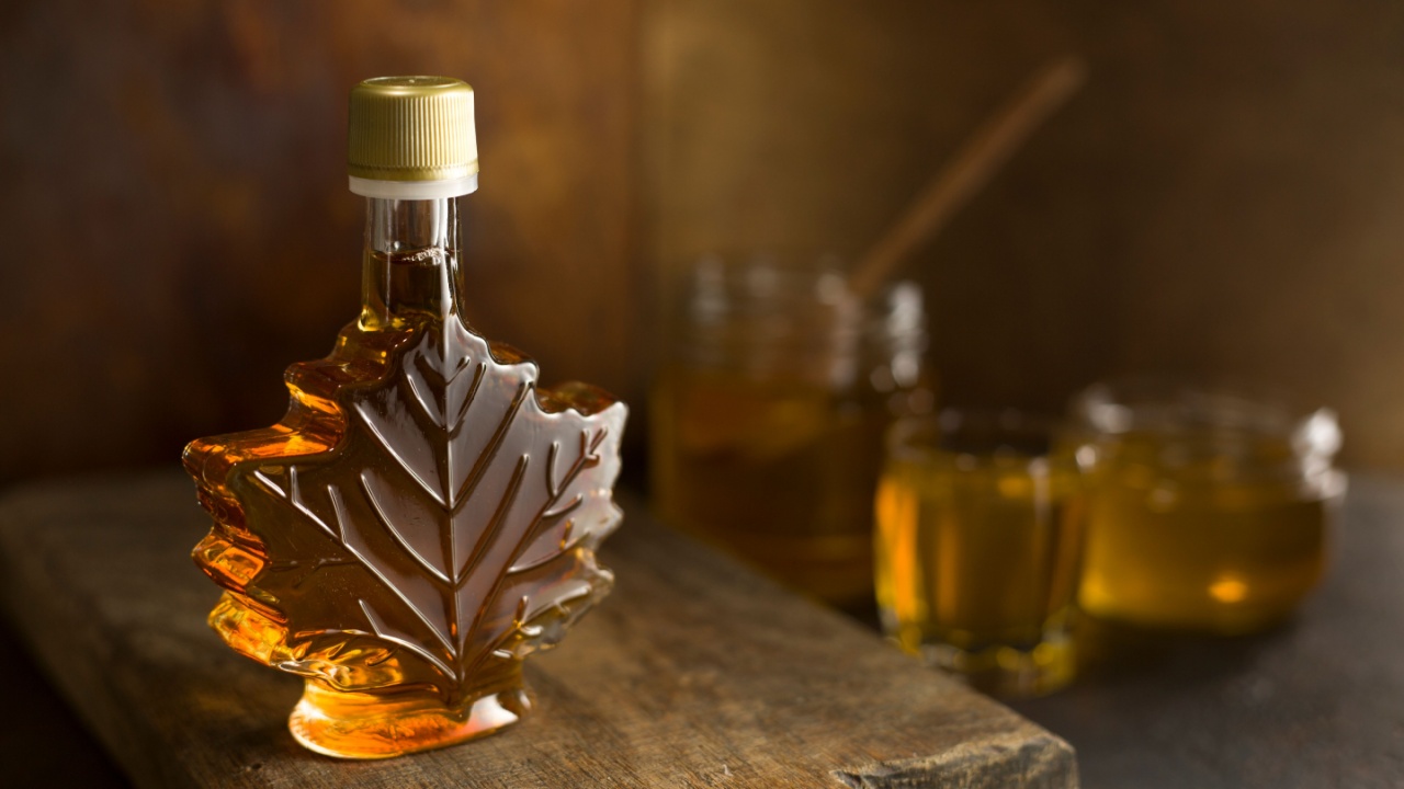 Maple Canadian syrup in a glass bottle.