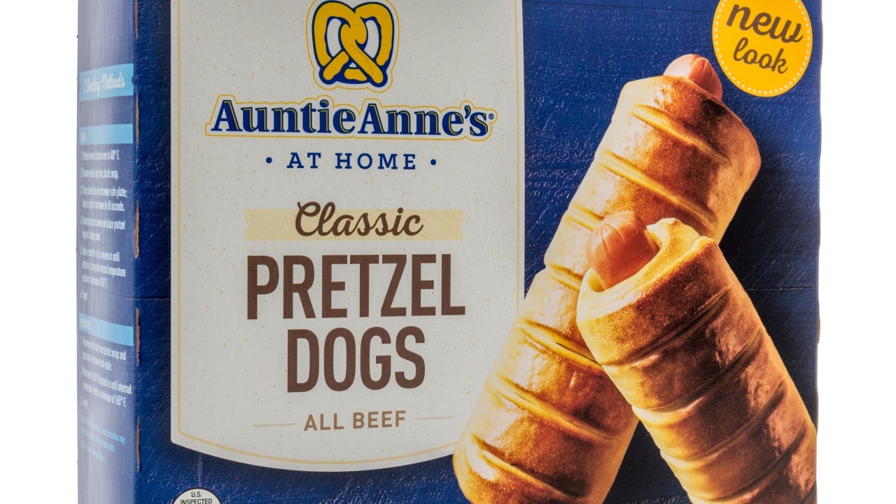Winneconne, WI - 27 January 2020 : A package of Aunt Annes classic pretzel dogs on an isolated background