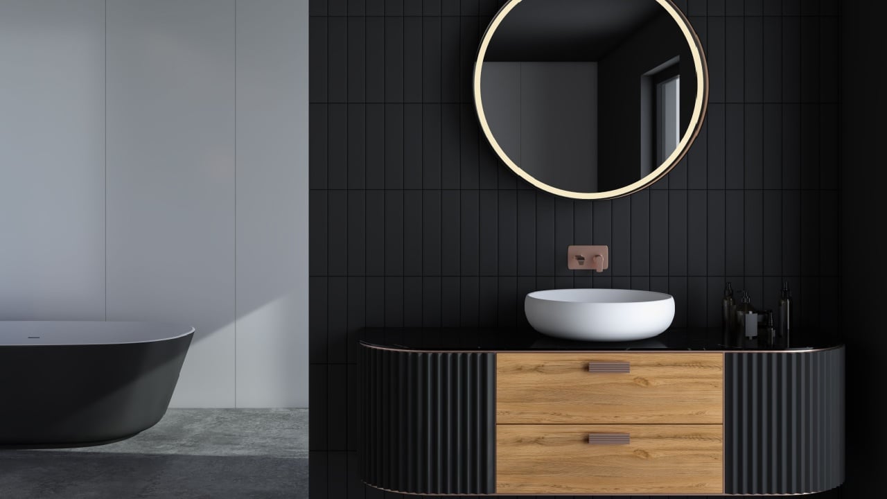 Black minimalist bathroom interior. Close up modern black bathroom furniture. 