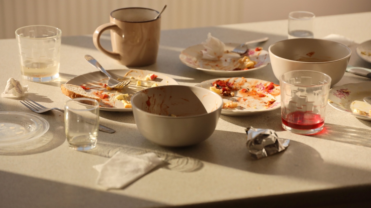 Empty dirty plates with spoons and forks on the table after meal. Banquet ending concept. Unwashed dishes ready to cleaning