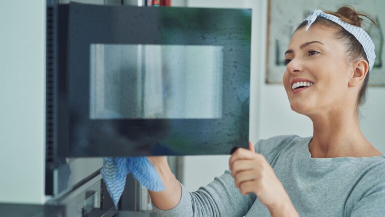 Young woman cleaning oven in the kitchen