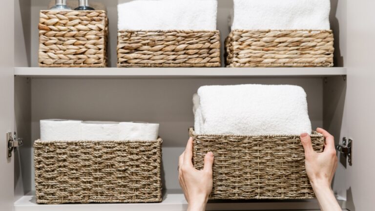 Cropped view of housewife putting box with clean bath towels on shelf in closet with household items. Neatly room and concepts of organization of tidy space in the bathroom cabinet