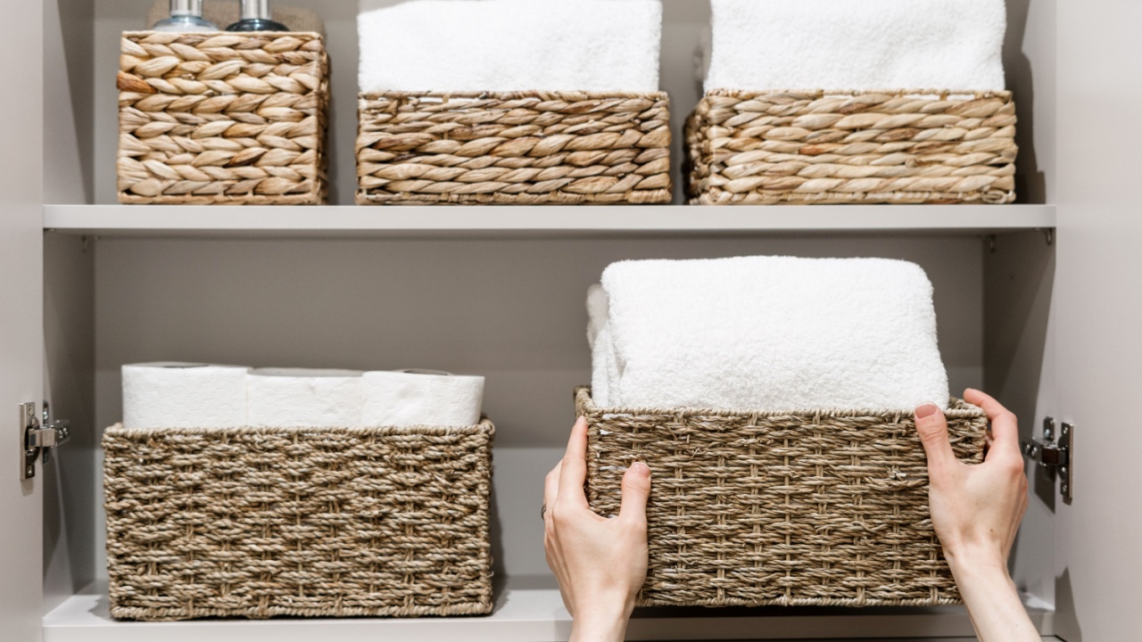 Cropped view of housewife putting box with clean bath towels on shelf in closet with household items. Neatly room and concepts of organization of tidy space in the bathroom cabinet
