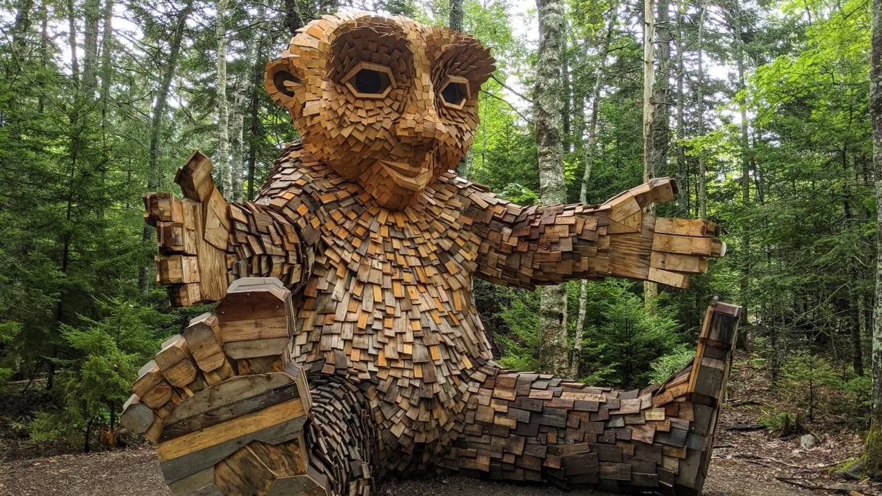 BOOTHBAY, US - Aug 20, 2021: A wooden troll sculpture at Coastal Maine Botanical Gardens in Boothbay
