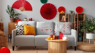 Interior of festive living room decorated for Chinese New Year celebration