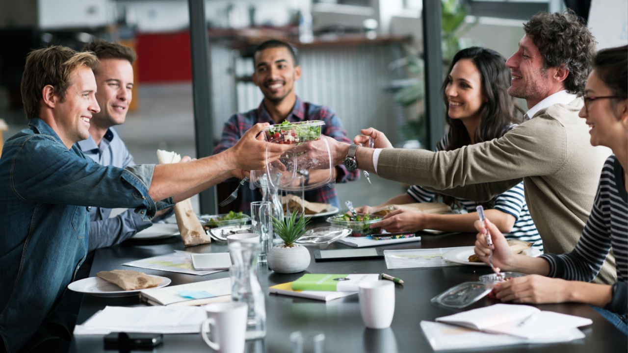 People, lunch and share with workshop, meeting and collaboration for small business conference. Employees, startup food and management for teamwork, coaching and partnership for workforce project