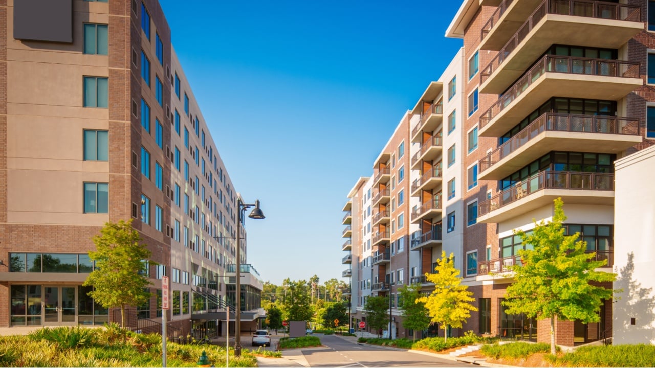 Buildings Downtown Tallahassee FL. USA. Tilt shift lens photography. Vibrant colors and blue sky