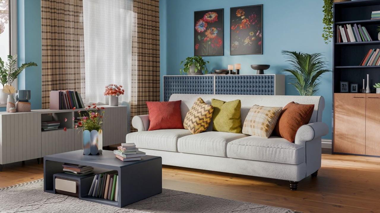 Cozy living room interior with blue walls. Modern design solution, 3d rendering