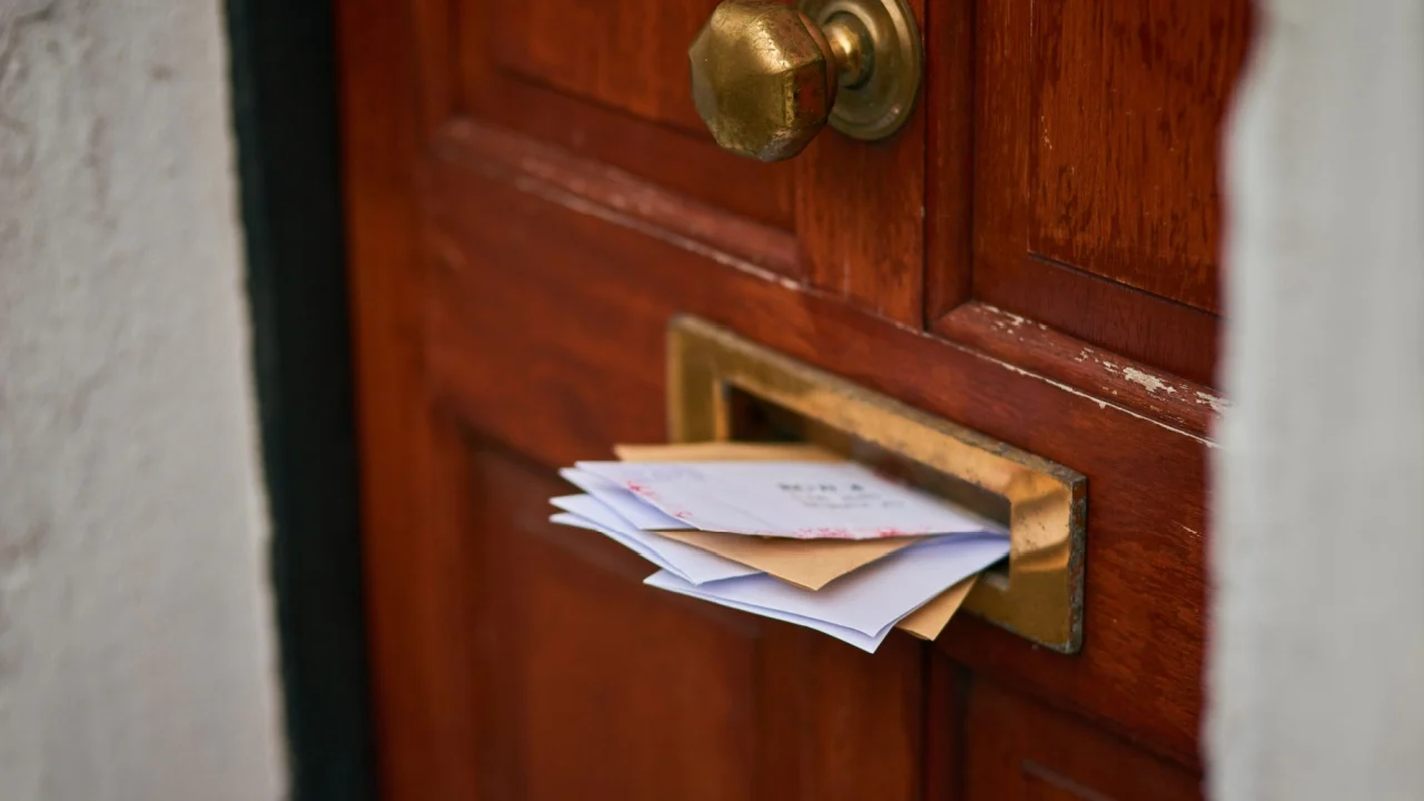 Envelope, door and box for letter, mail and delivery by entrance, house and building with stamp. Postcard, communication and mailbox for news, newspaper and eviction notice with bills or documents