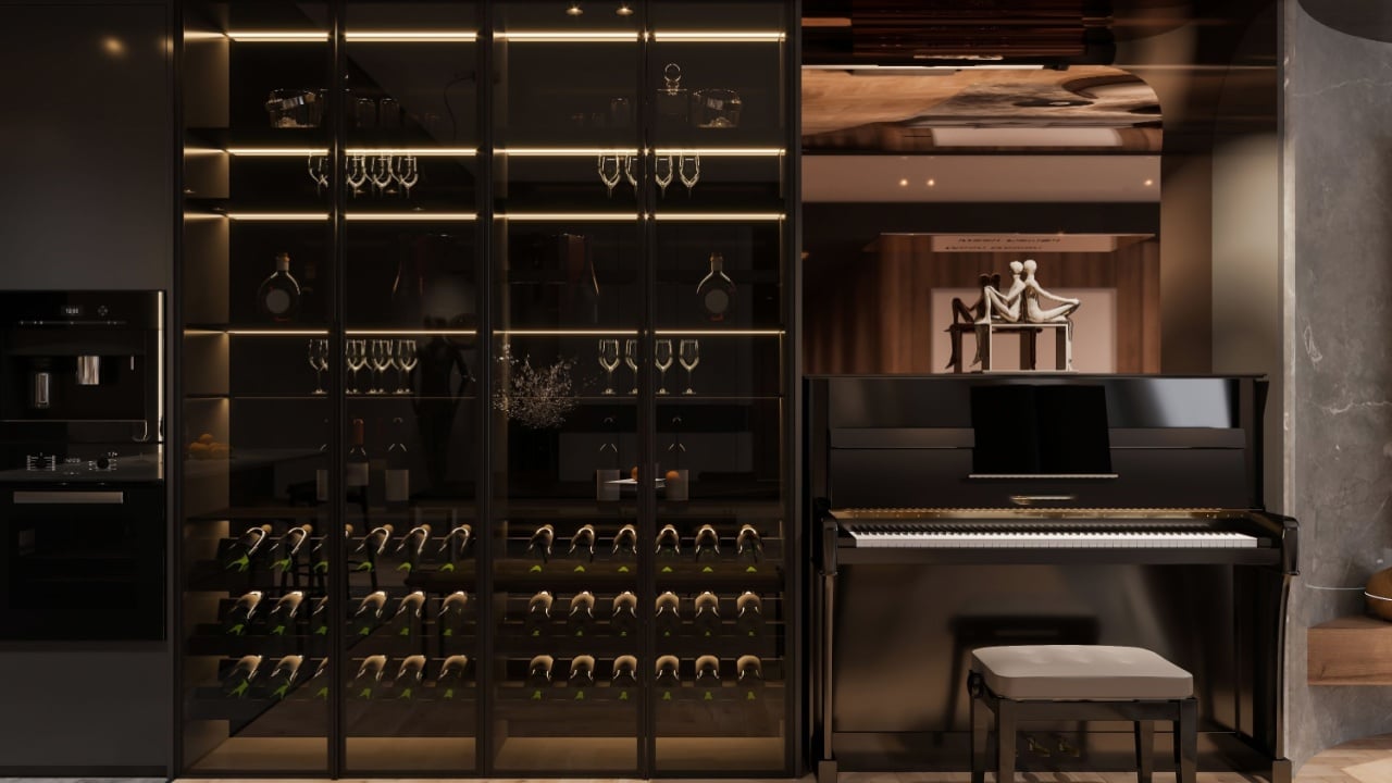 Luxury Home Interior with Wine Cellar and Grand Piano in Elegant Setting