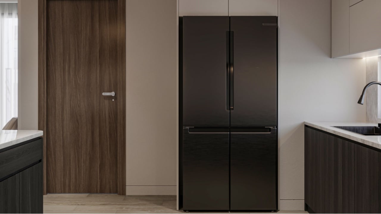 Modern Kitchen with Black Double-Door Refrigerator and Minimalist Design