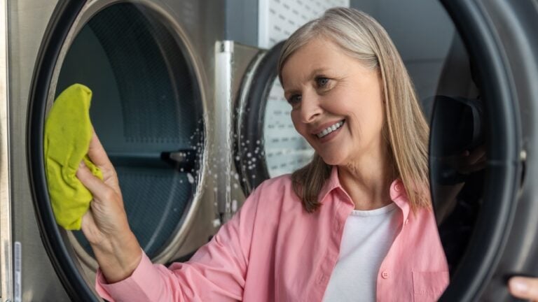 Mature caucasian woman cleaning the washing machine and looking involved