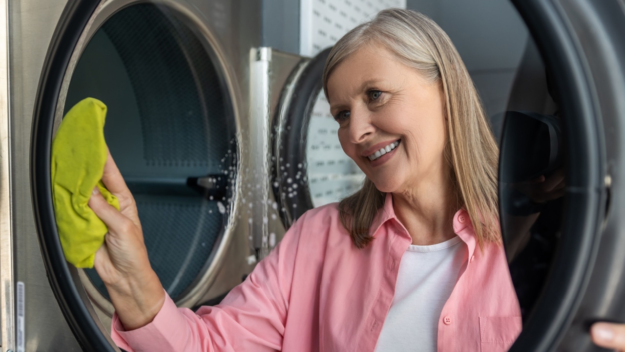 Mature caucasian woman cleaning the washing machine and looking involved