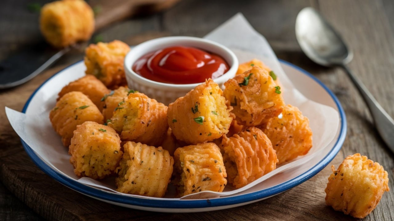Tater Tots: Crispy, golden-brown potato bites, deep-fried and seasoned, a beloved comfort food and snack option.