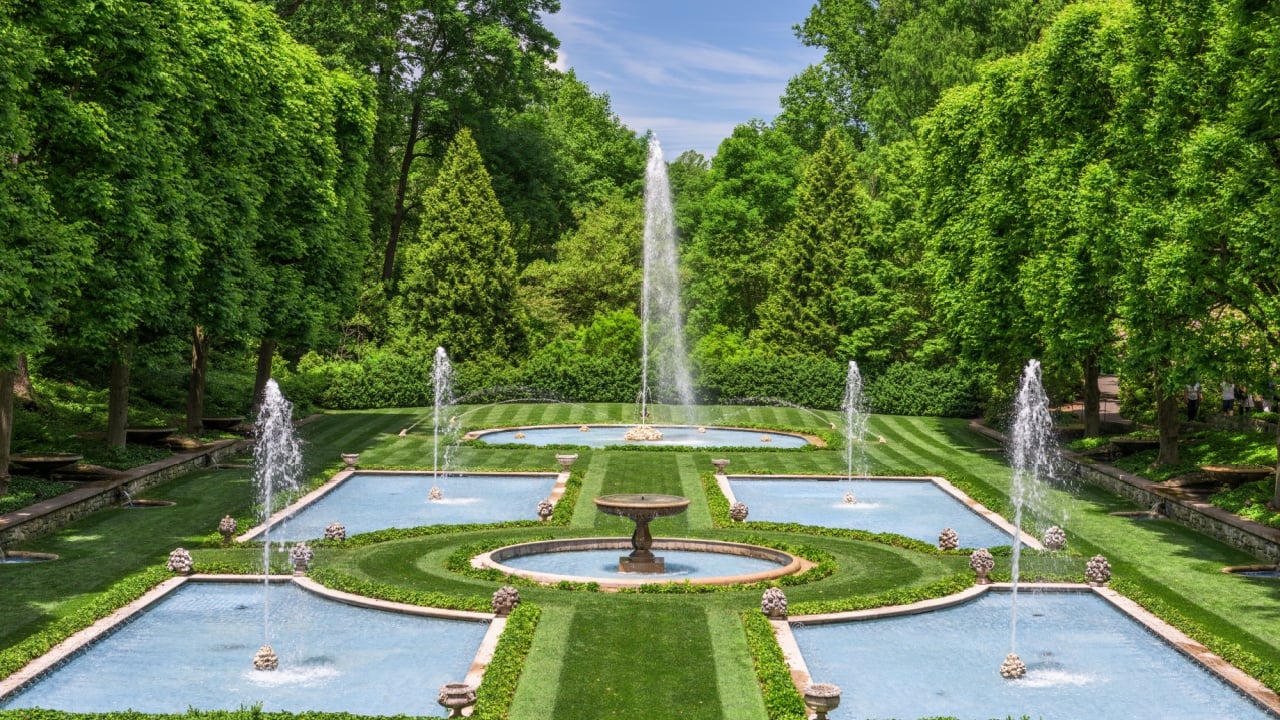 KENNETT SQUARE, PENNSYLVANIA, USA - JUNE 10, 2016: Longwood Gardens botanical gardens at the Italian water garden.