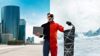 Composite image. Man in turtleneck with laptop on one side and ski gear with snowboard on other standing on urban street and snowy landscape. Business and extreme sports. Concept of work and vacation