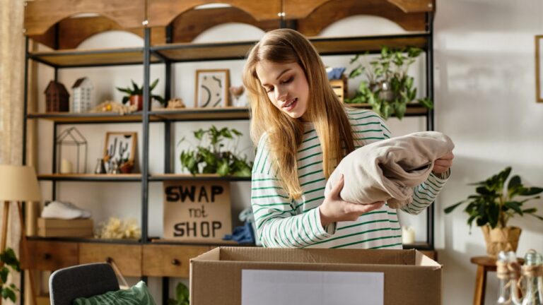 In a cozy room, a young woman sorts through her clothes, preparing to donate them thoughtfully.