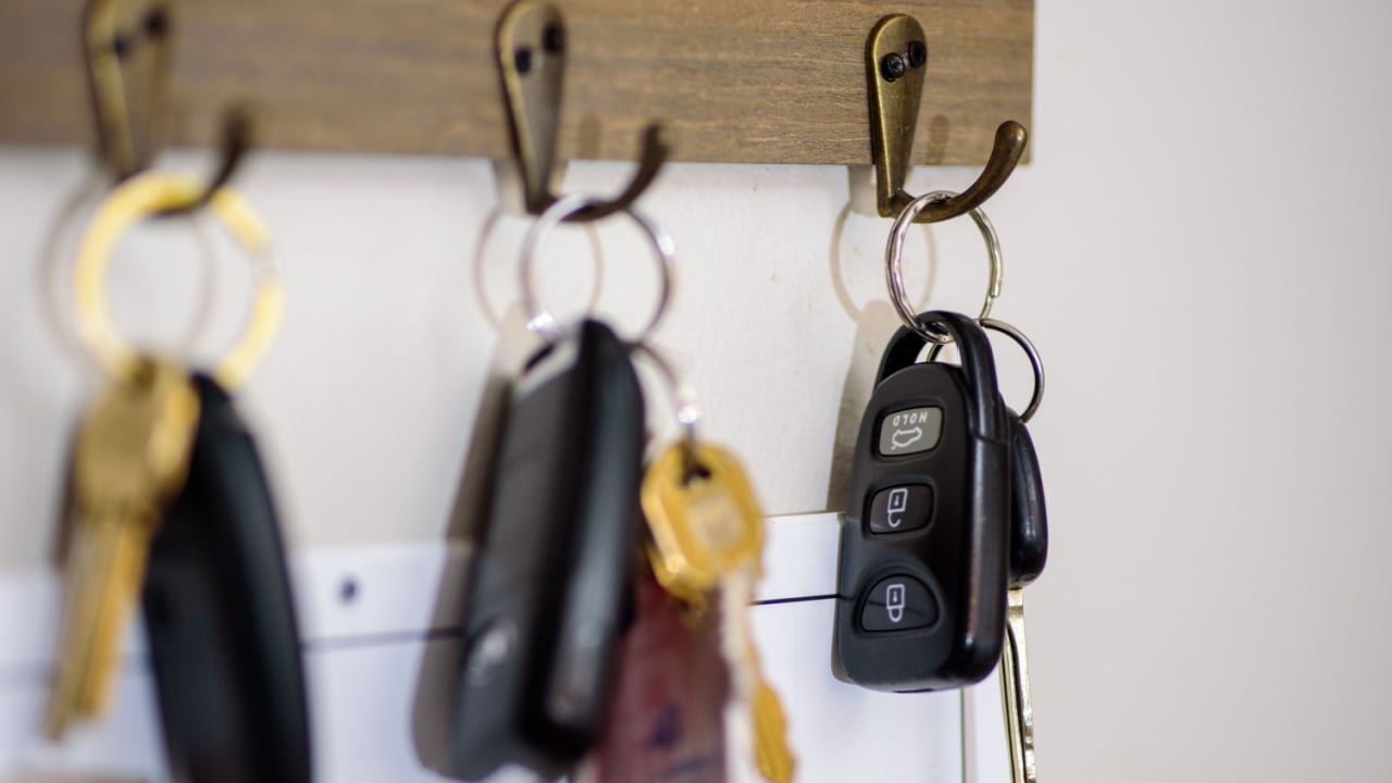 Close-up of various keys hanging on a wooden rack with metal hooks. The keys include car keys and house keys, suggesting a sense of security and homeownership. The background is a plain white wall