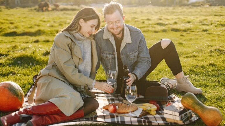 Stylish couple have a picnic with a glasses of wine on a nature