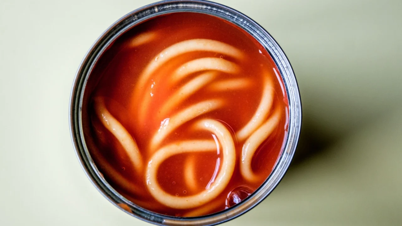 London UK, June 06 2025, Open Tin or Can Of Italian Style Spaghetti Pasta In Tomato Sauce