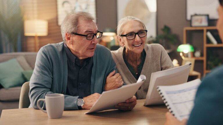 Elderly couple, documents and financial advisor with retirement plan for asset management at house. Senior man, woman and paperwork with accountant for pension fund or application at old age home
