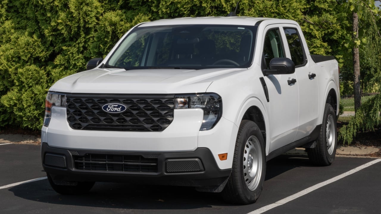 Zionsville - August 1, 2025: Ford Maverick XL Truck display at a dealership. Ford offers the Maverick with a 2.5L hybrid engine. MY:2025