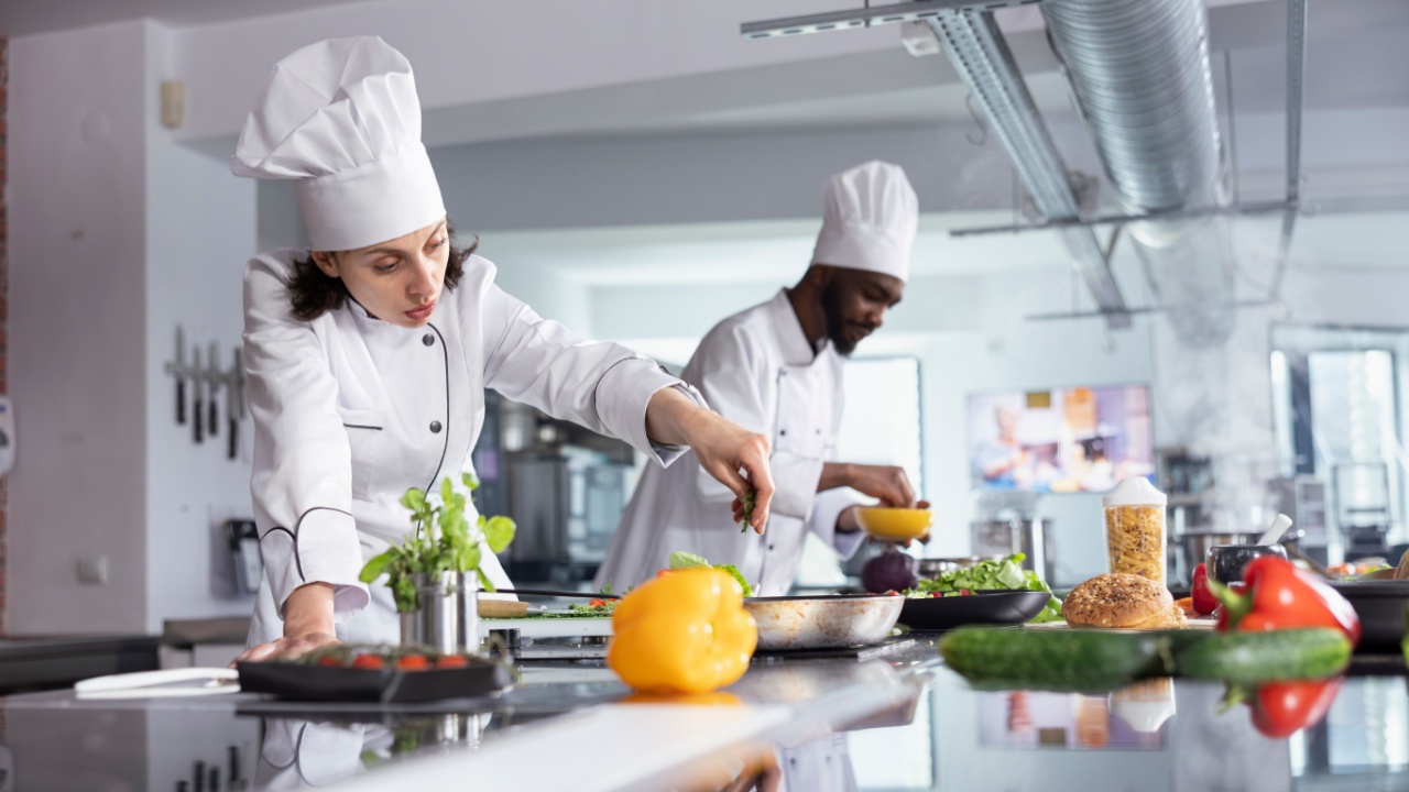 Female expert cook sprinkling tasty herbs to dish on the stove in kitchen, using fresh rosemary and spices to enhance the flavors and deliciousness while cooking the dish. Culinary arts.