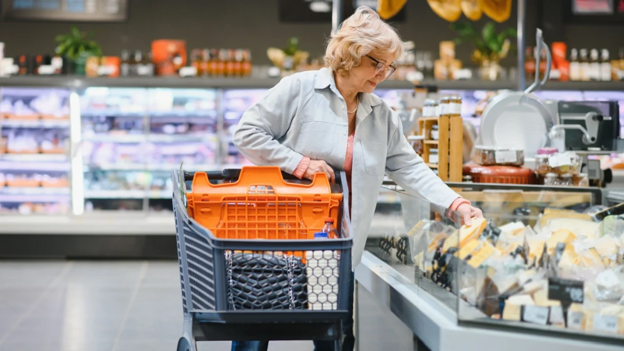 Elderly woman buyer chooses fresh cheese in grocery store.