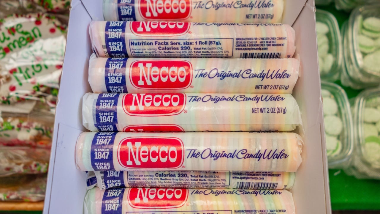 December 11, 2025-Boston, MA, US: Close-up of the iconic candy Necco wafers for sale at grocery store during Christmas season.