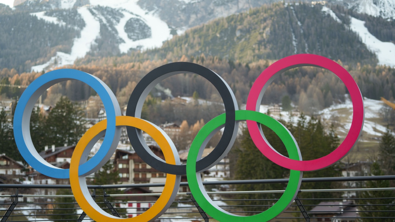 CORTINA D'AMPEZZO, ITALY - December 12, 2025: The logo with the Olympic rings in Cortina 2026 is for the 25th Olympic Winter Games.