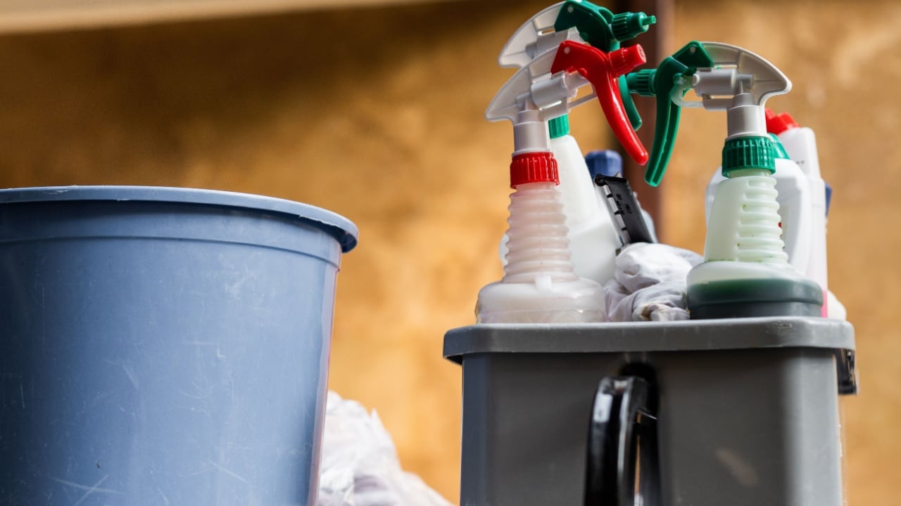 Cleaning supplies are arranged in a caddy near a blue bucket for home cleaning tasks on a sunny day