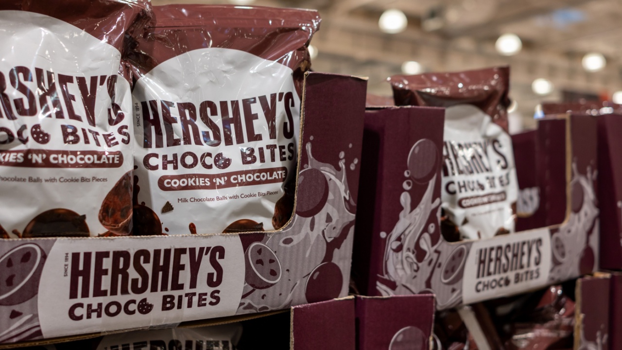 Kitakyushu, Fukuoka, Japan - November 29, 2025: Hershey&rsquo;s Choco Bite Cookies and Chocolate Product Packaging on a grocery shelf