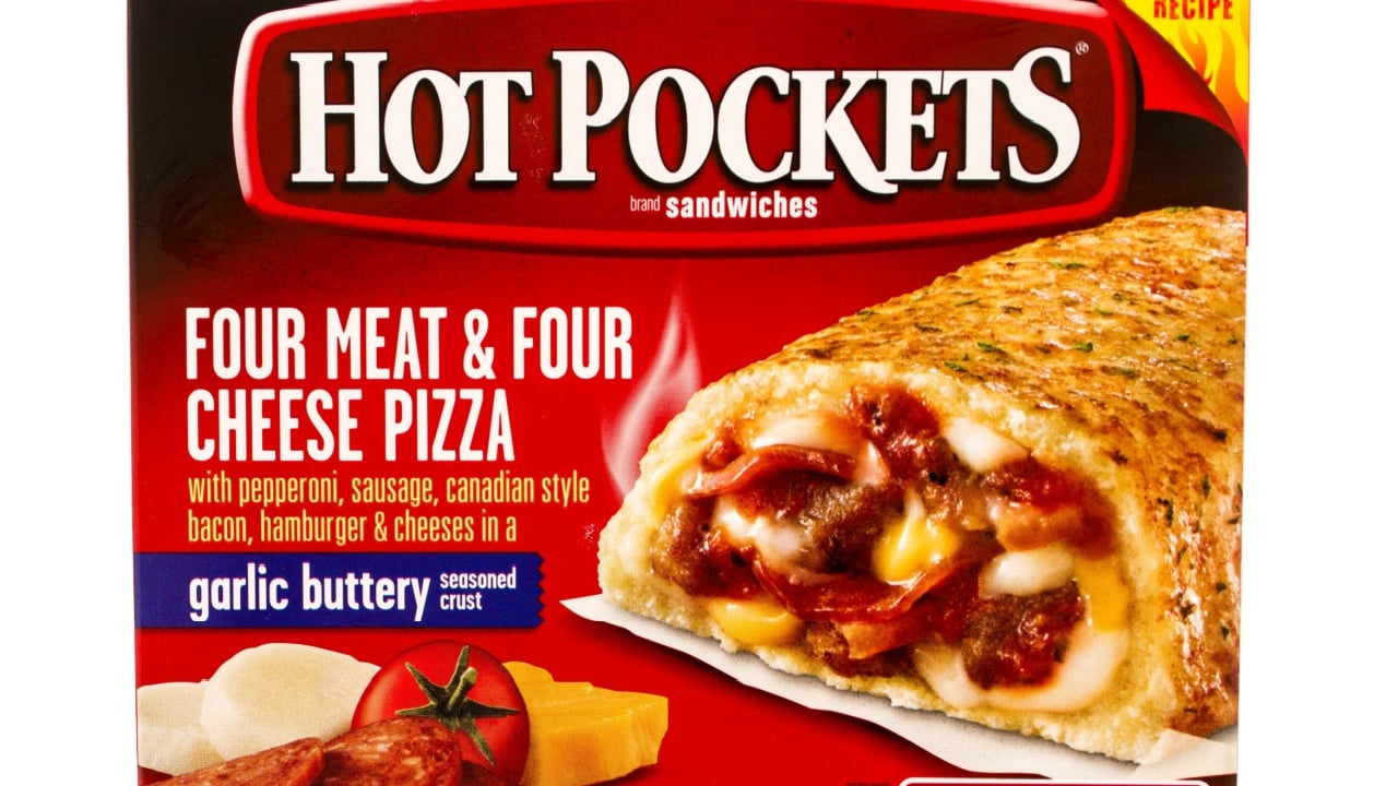 Winneconni, WI - 13 June 2015: Box of Hot Pockets in four meat & four cheese pizza flavor.