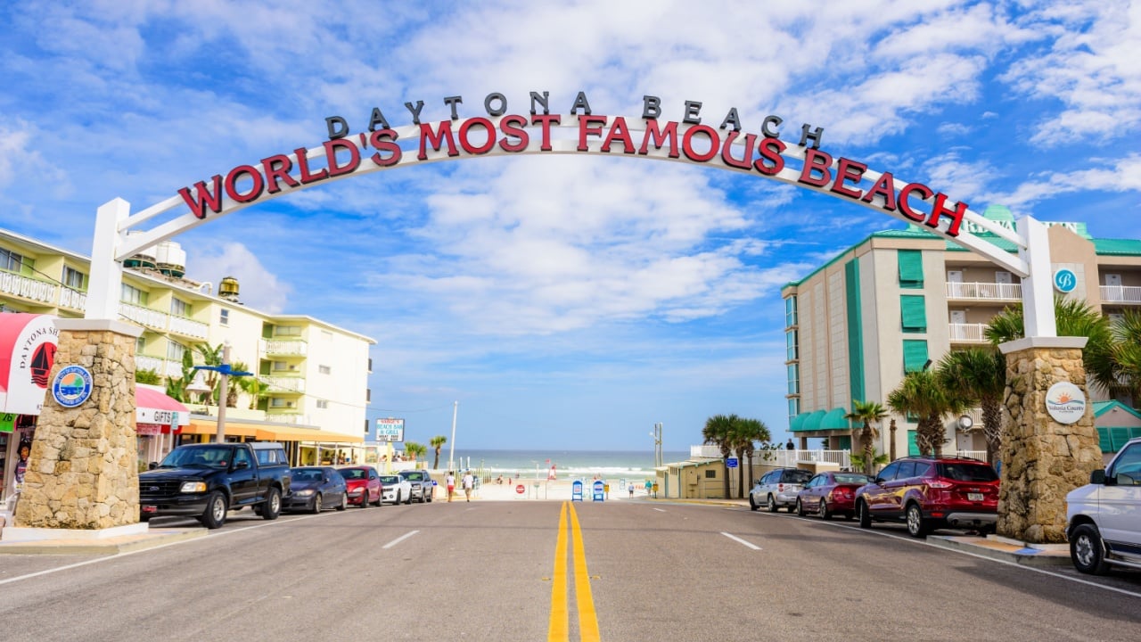 DAYTONA BEACH, FLORIDA - JANUARY 3, 2015: Daytona Beach sign. The popular spring break destination is dubbed "World's Most Famous Beach."