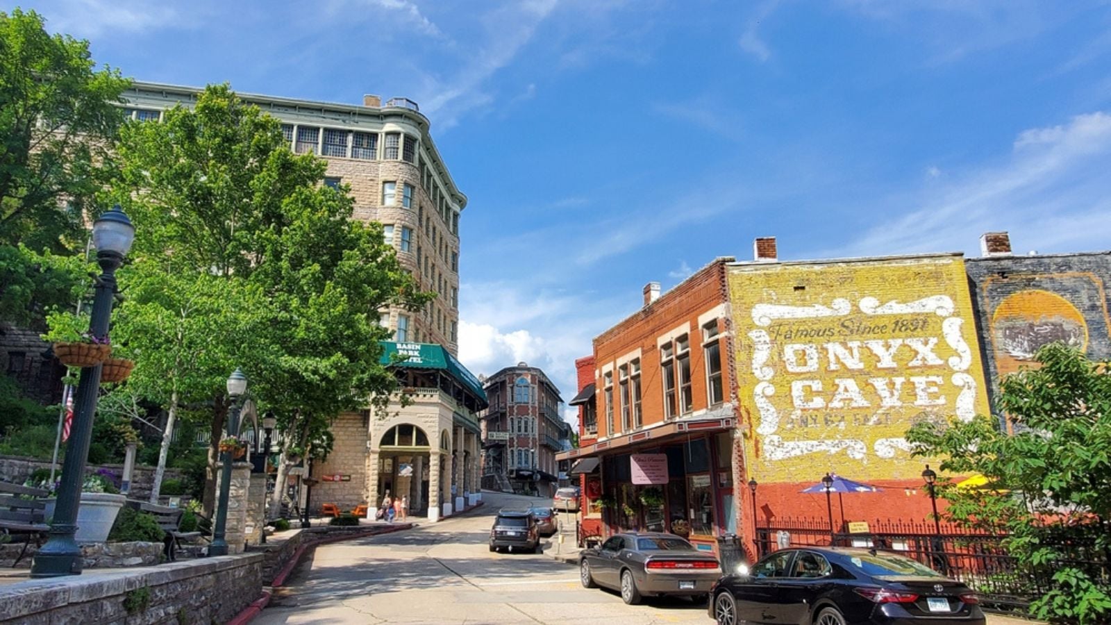The view of shops and historic buildings on the Main Street, Eureka Springs, Arkansas, U.S.A