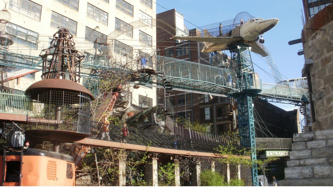 View of the outdoor structures at City Museum in St. Louis, Missouri.
