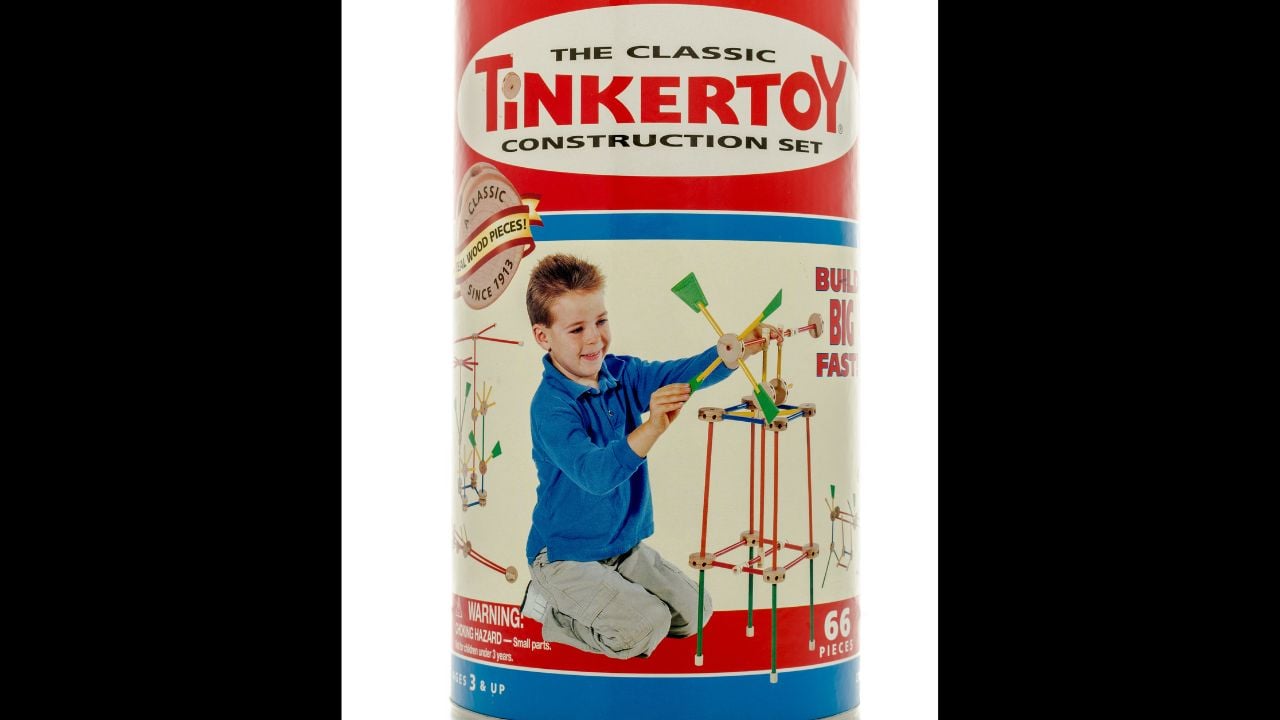 Winneconne, WI - 3 April 2016: Container of classic Tinker Toy construction set that has been around since 1913.