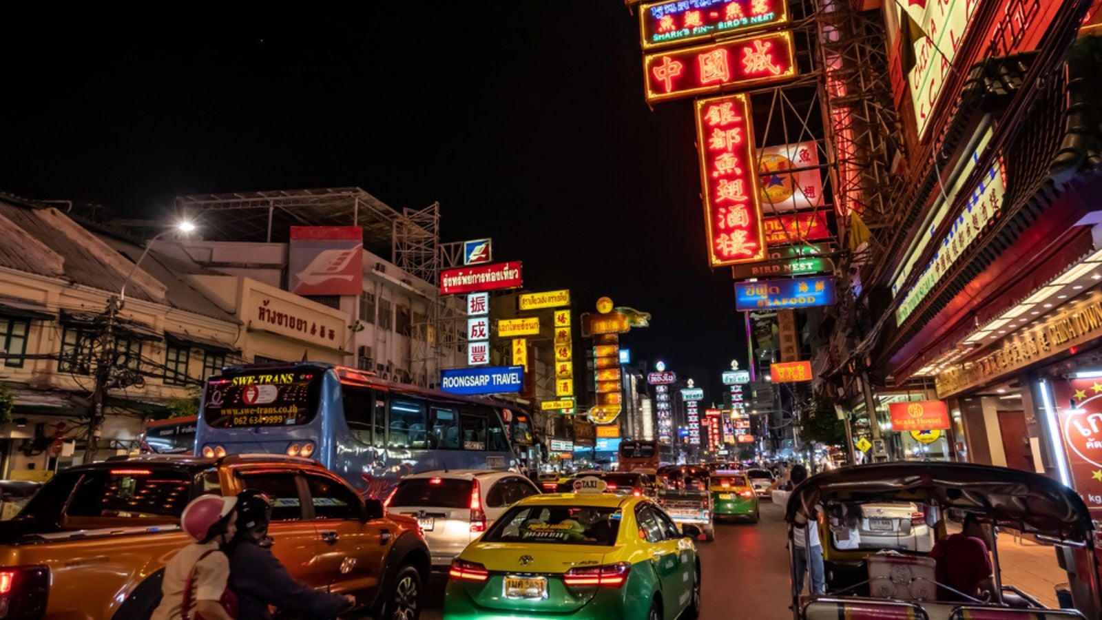 Yaowarat, Bangkok Thailand - February 11, 2020 Traffic jam in Yaowarat Road, tourists are known as China Town or Chinatown