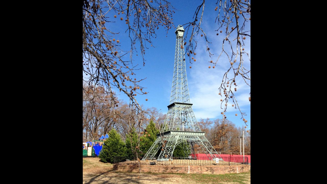 Eiffel Tower in Paris, TN. The tower is a 60-foot tall scale model of the Eiffel Tower in Paris, France. It is located in Memorial Park and was build in the early 1990s.
