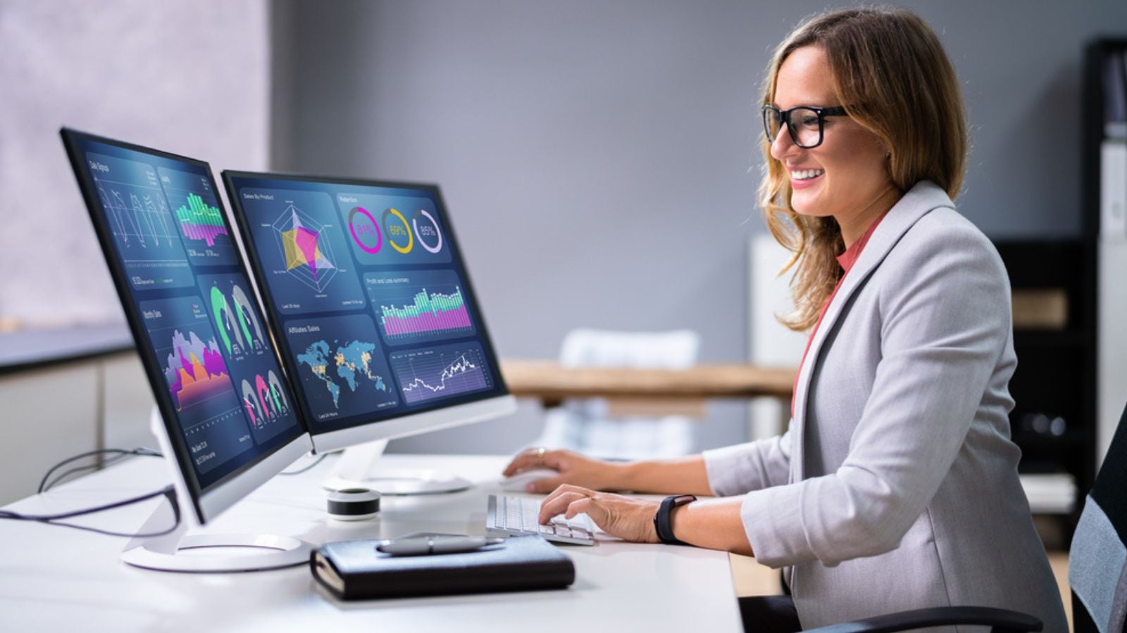 KPI Business Analytics Data Dashboard. Analyst woman Using Computer